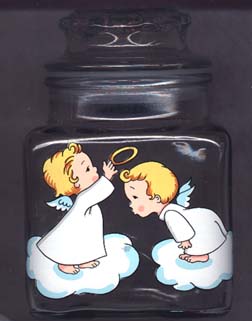 Angels decorating a treat jar.